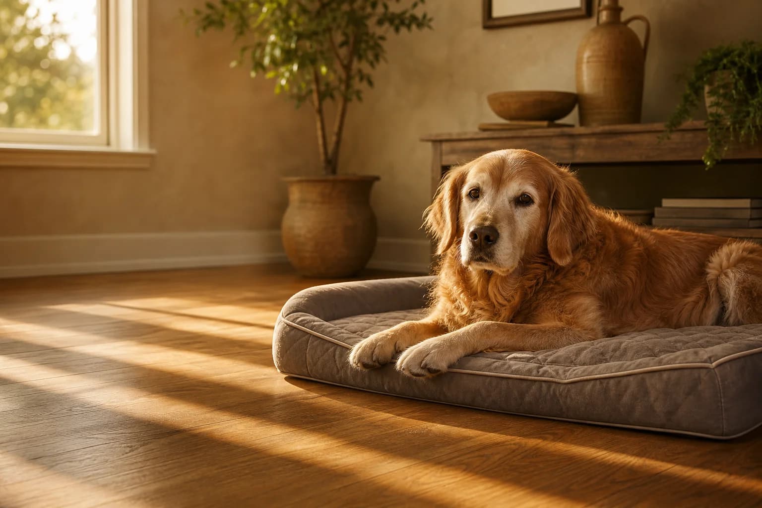 A senior dog resting comfortably on an orthopedic memory foam bed in warm afternoon light