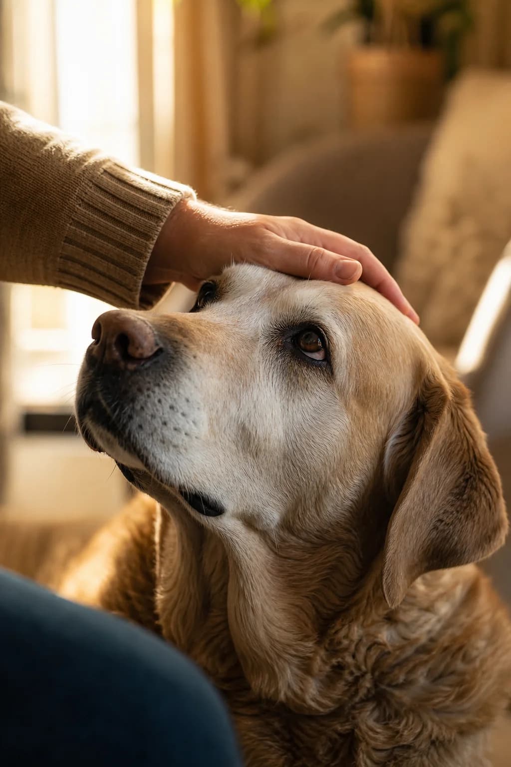 An owner's hand resting gently on the head of an old greying labrador